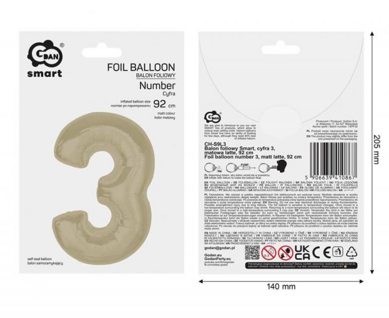 Balionas folinis, SKAIČIUS 3, 92 cm, matinė latte sp., 1 vnt.