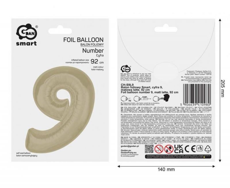 Balionas folinis, SKAIČIUS 9, 92 cm, matinė latte sp., 1 vnt.