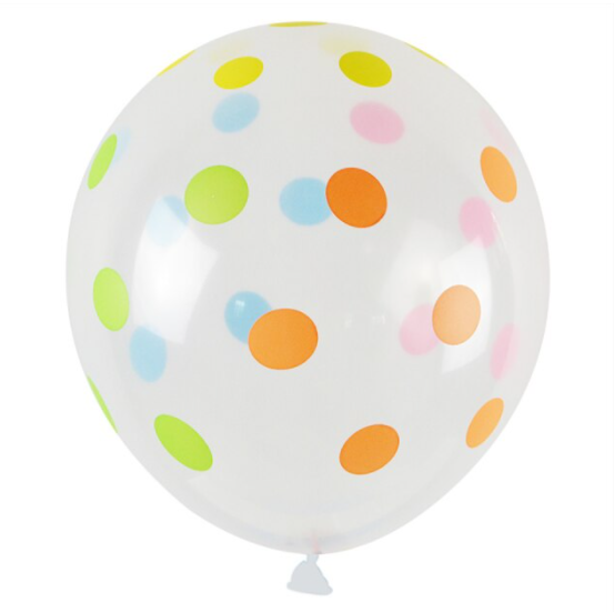 Dekoruotas skaidrus balionas su spalvotais taškais, 30 cm