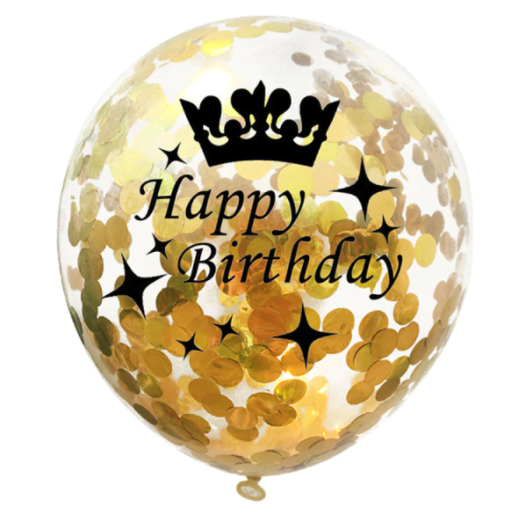 Dekoruotas skaidrus balionas su geltonu konfeti ir užrašu "Happy Birthday", 30 cm