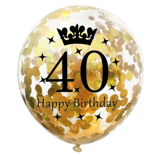 Dekoruotas skaidrus balionas su geltonu konfeti ir užrašu "40 Happy Birthday", 30 cm