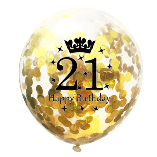 Dekoruotas skaidrus balionas su geltonu konfeti ir užrašu "21 Happy Birthday", 30 cm