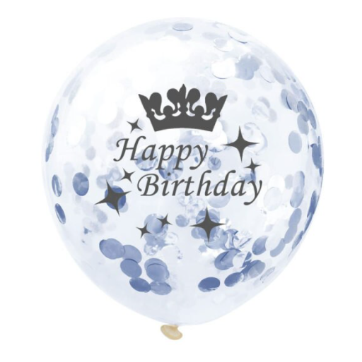 Dekoruotas skaidrus balionas su pilku konfeti ir užrašu "Happy Birthday", 30 cm