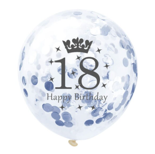 Dekoruotas skaidrus balionas su pilku konfeti ir užrašu "18 Happy Birthday", 30 cm