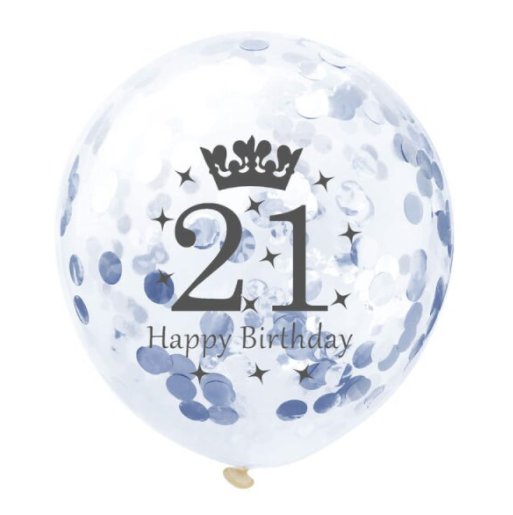 Dekoruotas skaidrus balionas su pilku konfeti ir užrašu "21 Happy Birthday", 30 cm