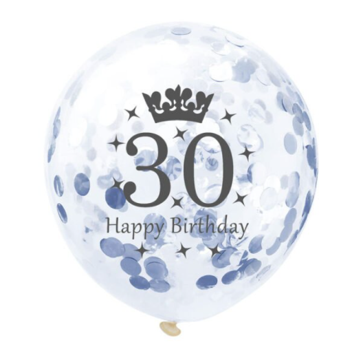 Dekoruotas skaidrus balionas su pilku konfeti ir užrašu "30 Happy Birthday", 30 cm