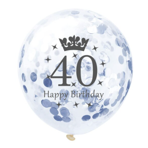 Dekoruotas skaidrus balionas su pilku konfeti ir užrašu "40 Happy Birthday", 30 cm