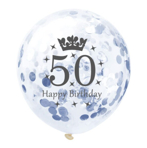 Dekoruotas skaidrus balionas su pilku konfeti ir užrašu "50 Happy Birthday", 30 cm