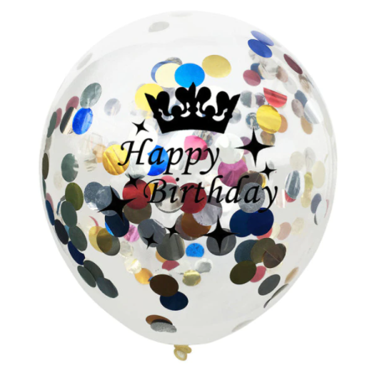 Dekoruotas skaidrus balionas su spalvotu konfeti ir užrašu "Happy Birthday", 30 cm