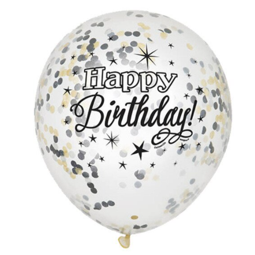 Dekoruotas skaidrus balionas su spalvotu konfeti ir užrašu "Happy Birthday", 30 cm