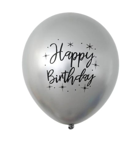 Dekoruotas chrominis balionas su užrašu "Happy Birthday", 30 cm, pilkas